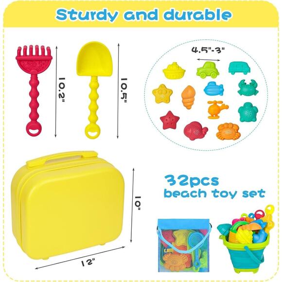 32 PCS Sand Toys Set, Collapsible Sand Bucket Shovels Mesh Bag Yellow Suitcase - Picture 2 of 6